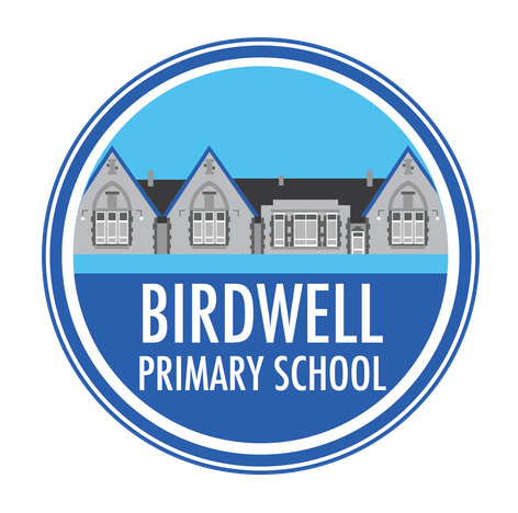 Logo of Birdwell Primary School featuring an illustration of a school building with blue and white circular borders and the school name in bold white text below the illustration.