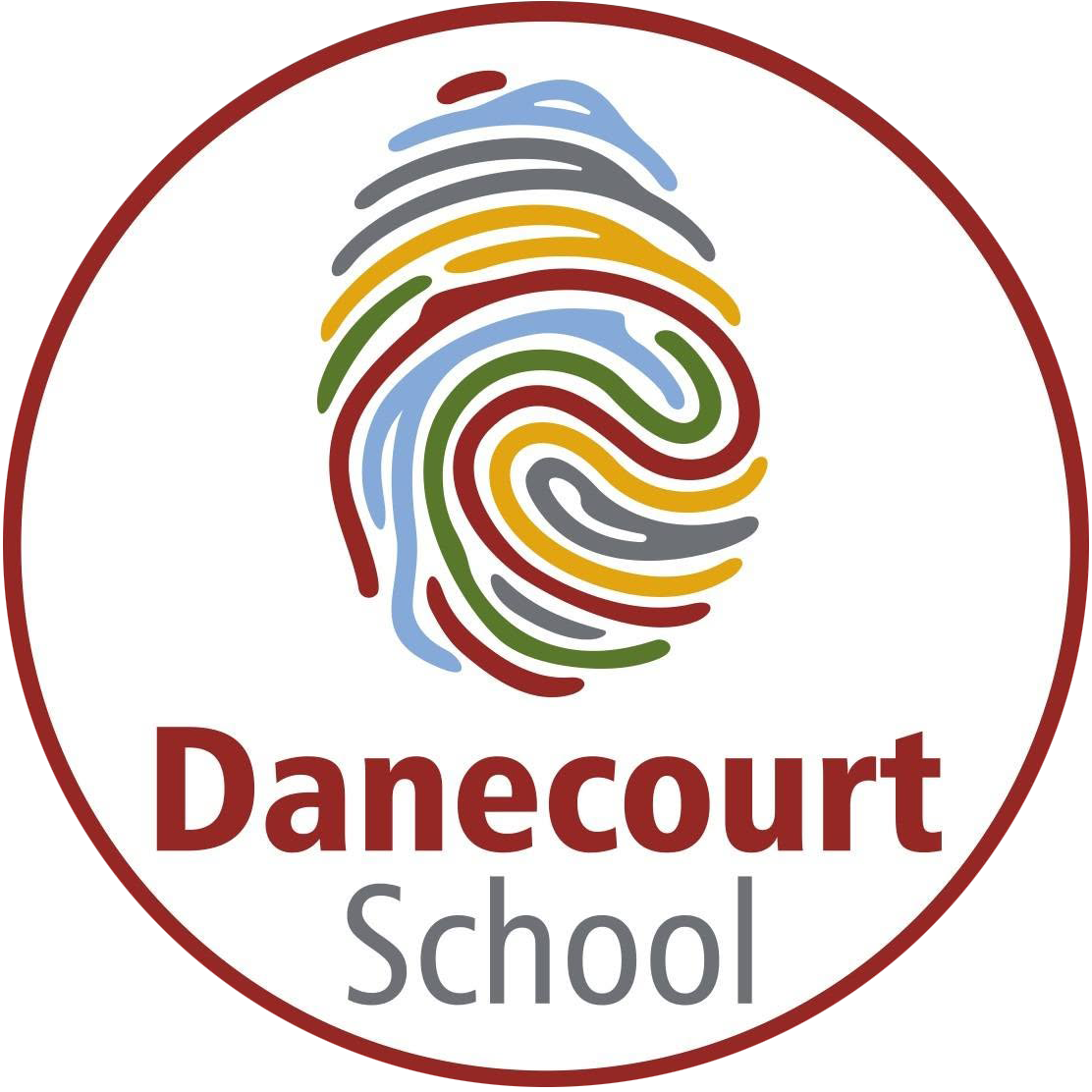 Danecourt School logo featuring a colorful fingerprint swirl in blue, red, yellow, green, and gray inside a white circle with red border.