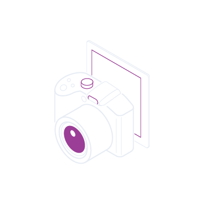 A stylized, line-drawn camera with a large lens sits in front of a rectangular frame. The design is minimalist.