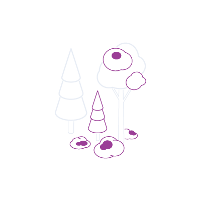 Simple line art of three stylized trees, featuring purple and white outlines with scattered abstract purple shapes. Minimalist and calm.
