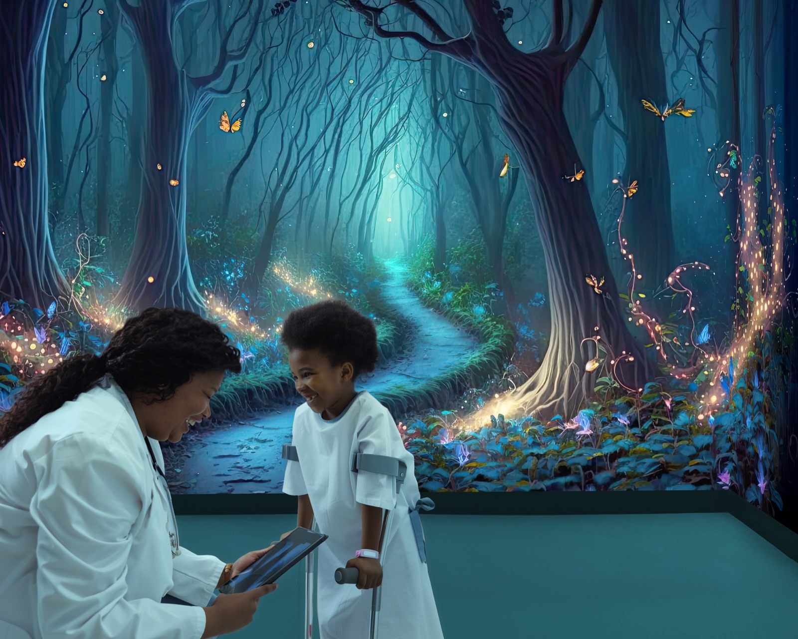 A smiling doctor kneels, engaging with a laughing child in a hospital gown using forearm crutches. They are in front of a whimsical mural of a colorful, enchanted forest. Butterflies and glowing plants add a magical atmosphere.