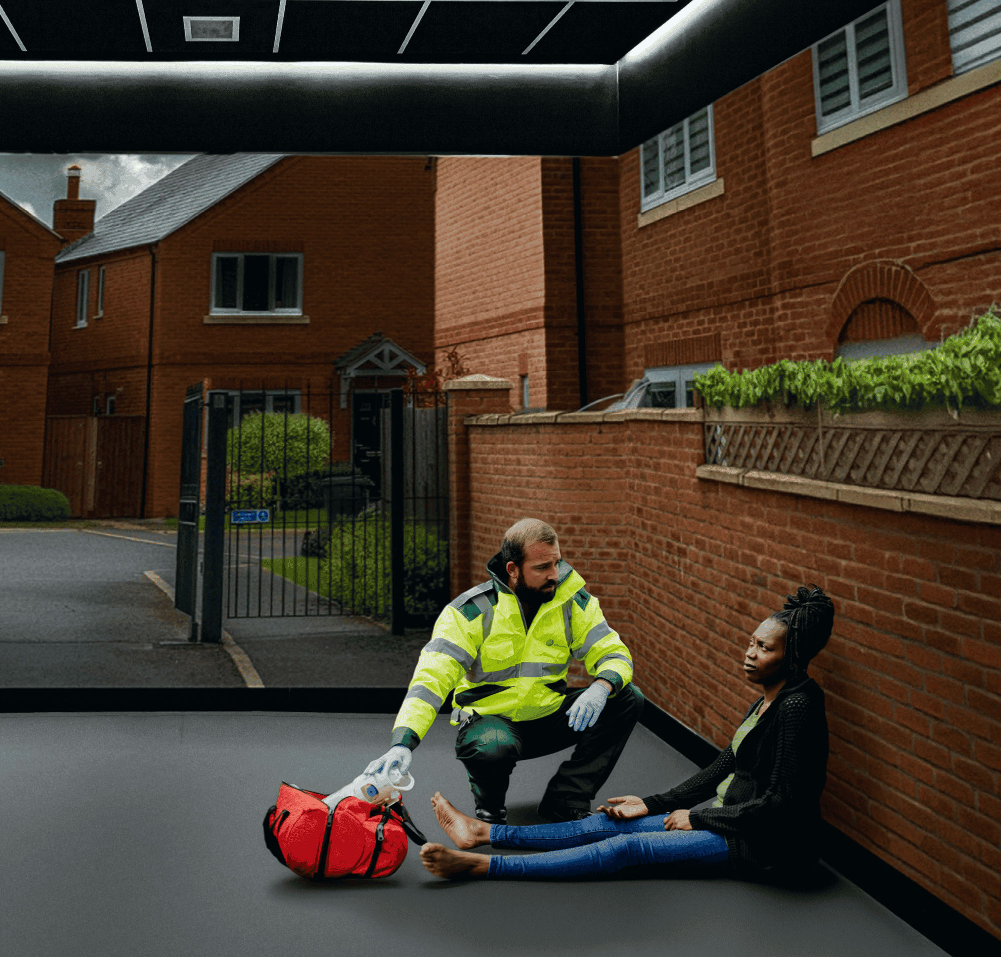 Immersive training room giving the impression of an outdoor situation. With trainee paramedic, wearing a neon yellow jacket, aids a seated woman on the ground. A red medical bag lies nearby.
