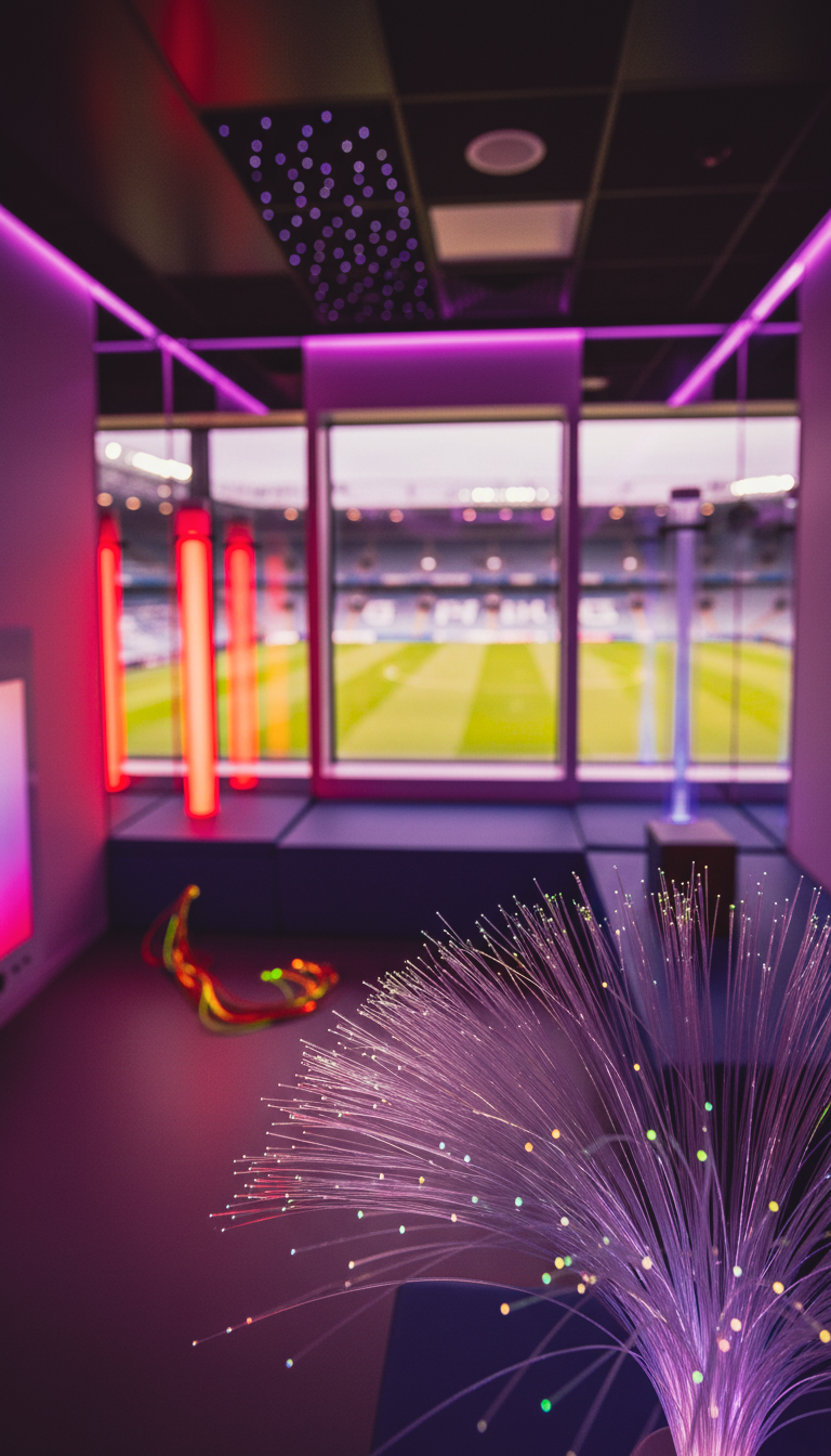 Neon-lit lounge with glowing fiber-optic strands and colorful lights in the foreground, overlooking a bright sports field.